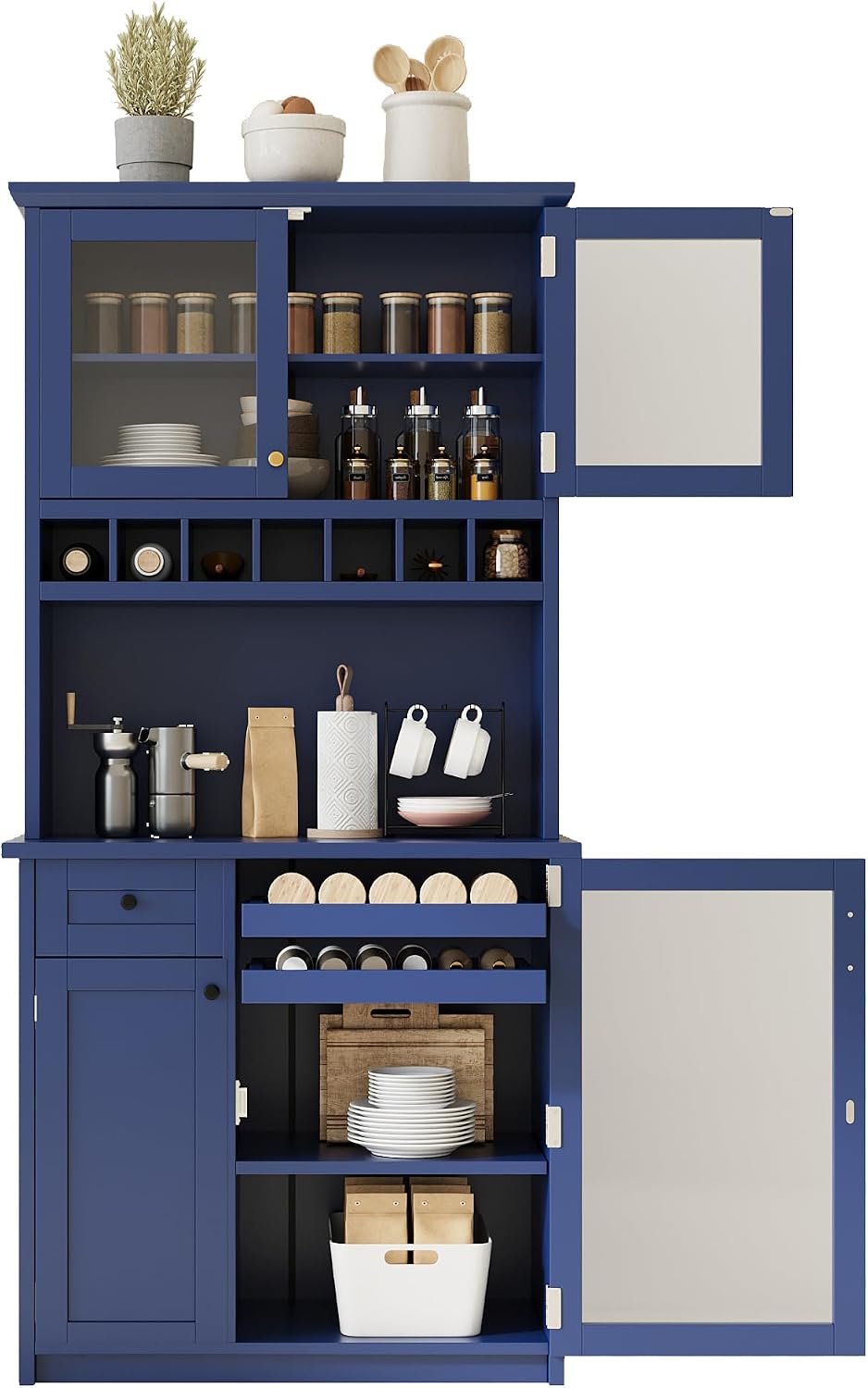 Modern 74.8 inch Tall Kitchen Pantry, Freestanding Buffet with Hutch, Kitchen Pantry Storage Cabinet with Wine Rack and Adjustable Shelves for Dining Room (Blue//1)
