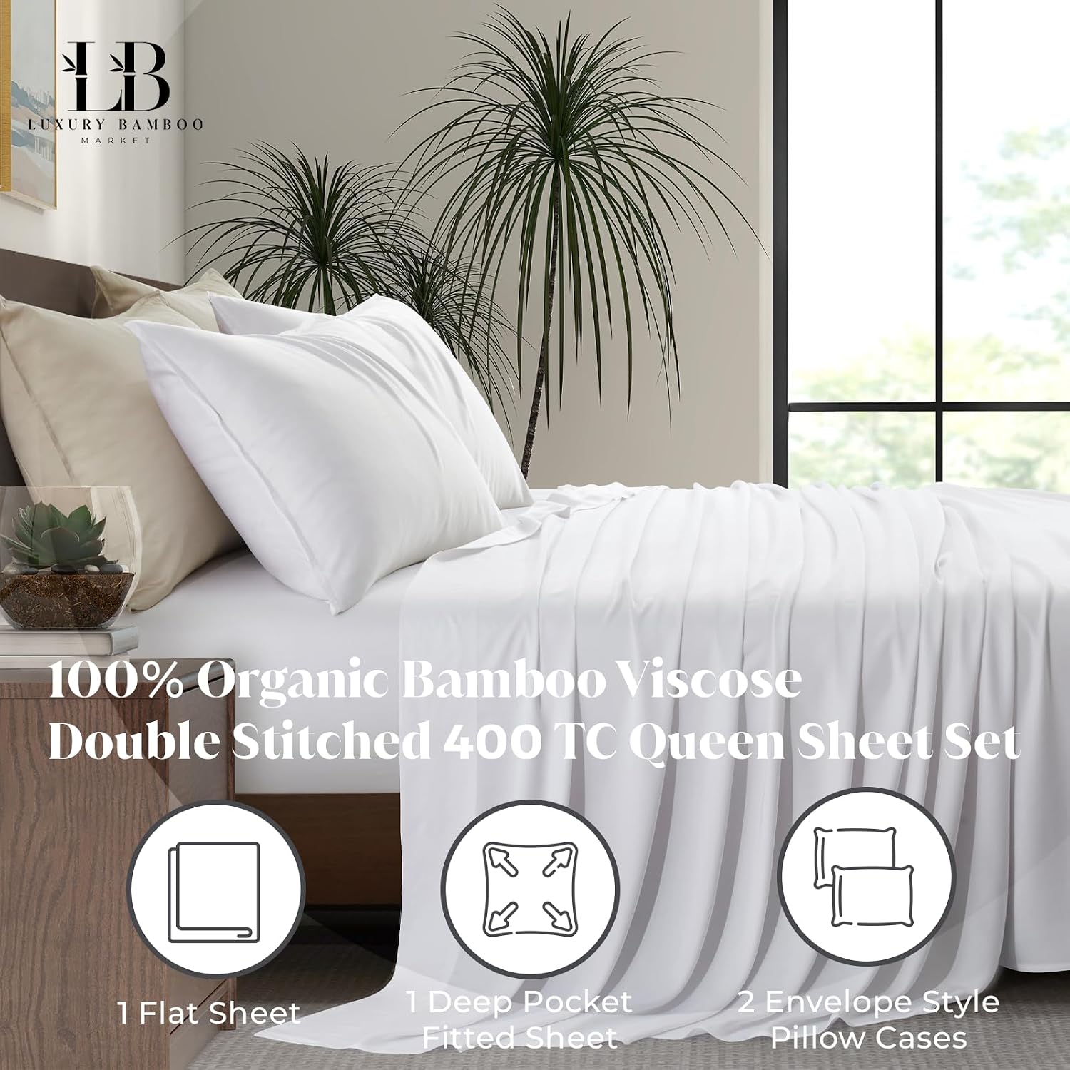 Luxury Bamboo Market | Queen Size Bed Sheet Set | 100% Viscose Made from Bamboo | Organically Grown | Ultra Soft | Cooling Sheets for Hot Sleepers | 17' Deep Pocket [Classic White]
