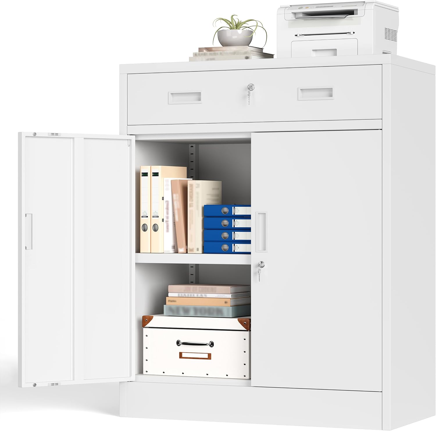 BESFUR Metal Storage Cabinet with Doors and Shelves, 36' H Locking Storage Cabinet with 1 Drawers, Reinforced Heavy Duty Metal Cabinets for Garage, Office, Home(White)