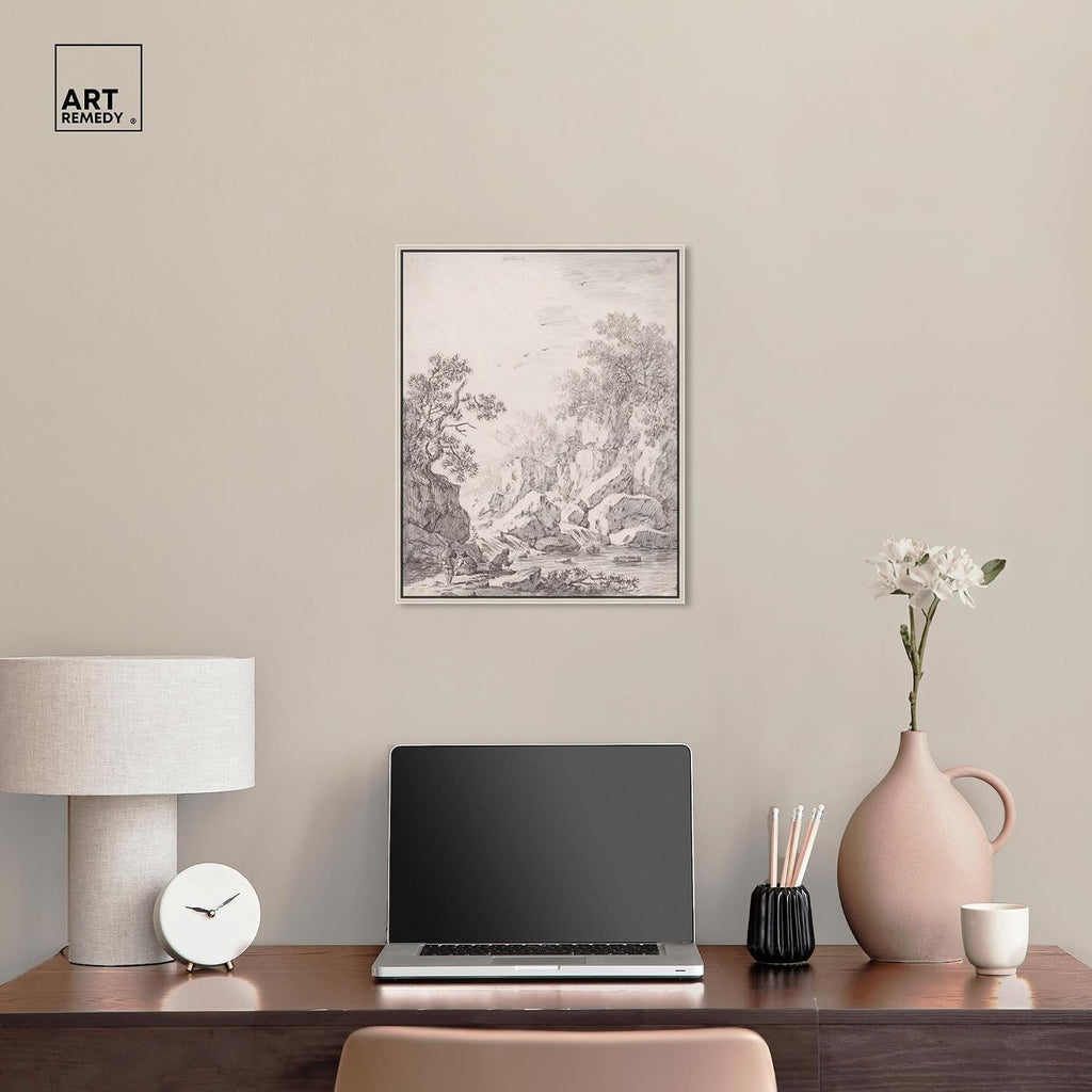 Art Remedy A Waterfall by Rock Cliffs 1750s Canvas Classic Sketches, Silver Frame, 16' x 20'