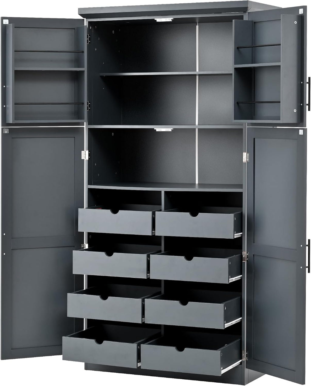 Merax 71' Tall Kitchen Pantry Cabinet with 4 Doors, 2 Door Shelves, 8 Pull-Out Trays and Adjustable Shelf, Freestanding Pantry for Kitchen, Dining,Gray (35.5x17.6x70.9inch)
