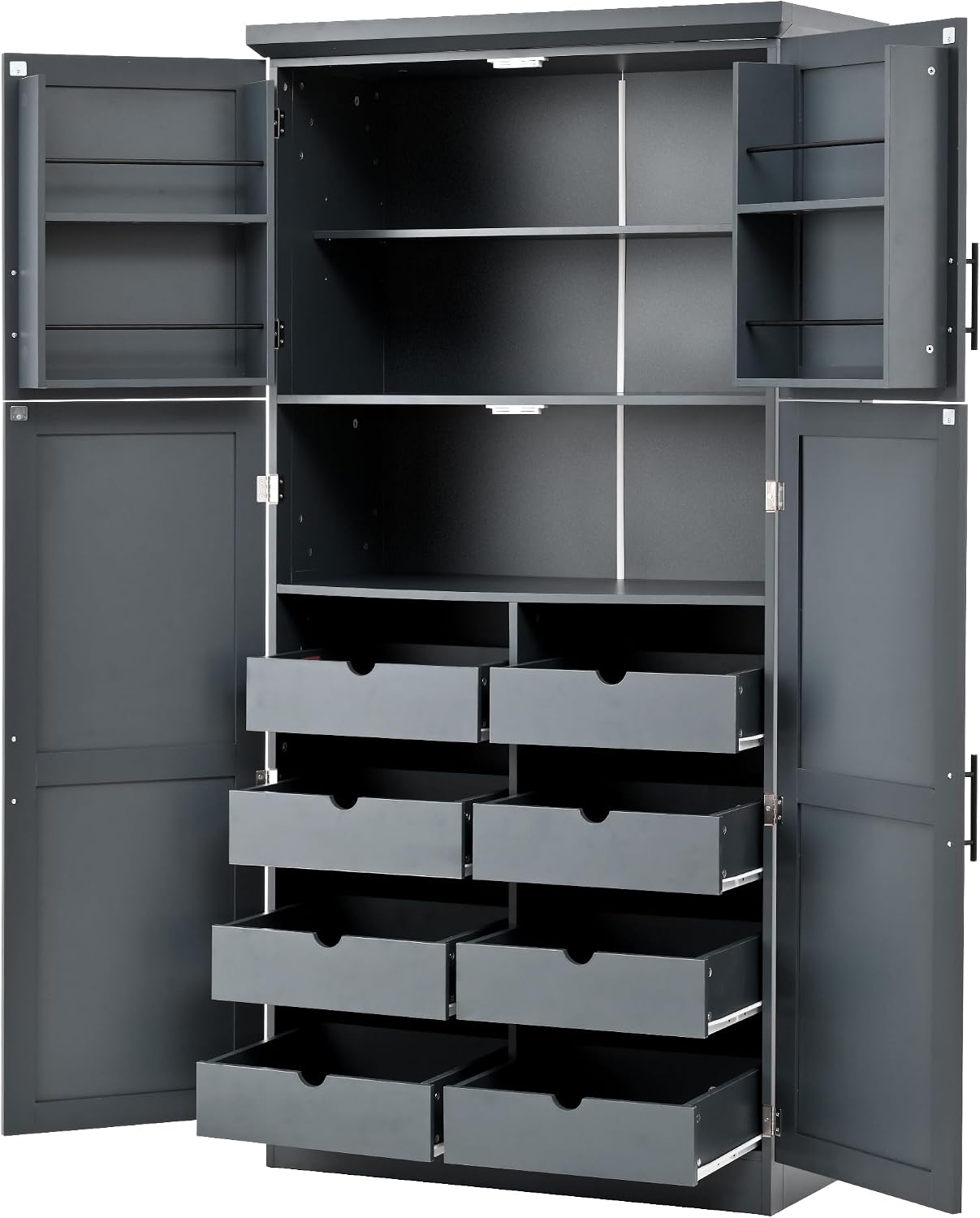 70.9 inch Kitchen Pantry Cabinet, Wood Freestanding Tall Storage Cabinet with 4 Doors and 2 Door Shelves, 8 Pull-Out Trays and Adjustable Shelf for Dining Room (Gray/65e)
