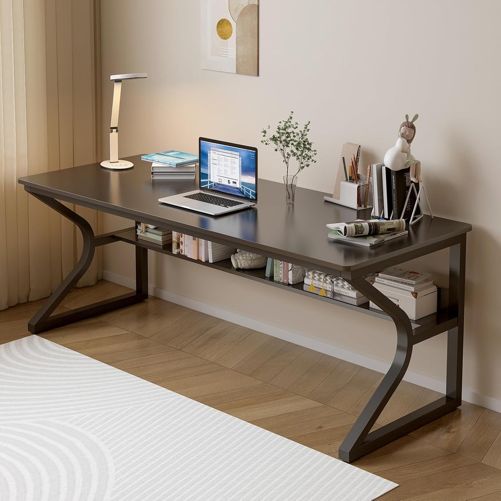 OSCHF Extra Long Desk with Bookshelf - 63' Double Long Writing Table for 2-Person Workstation, Modern Study Work Computer Desk for Home and Office, Black