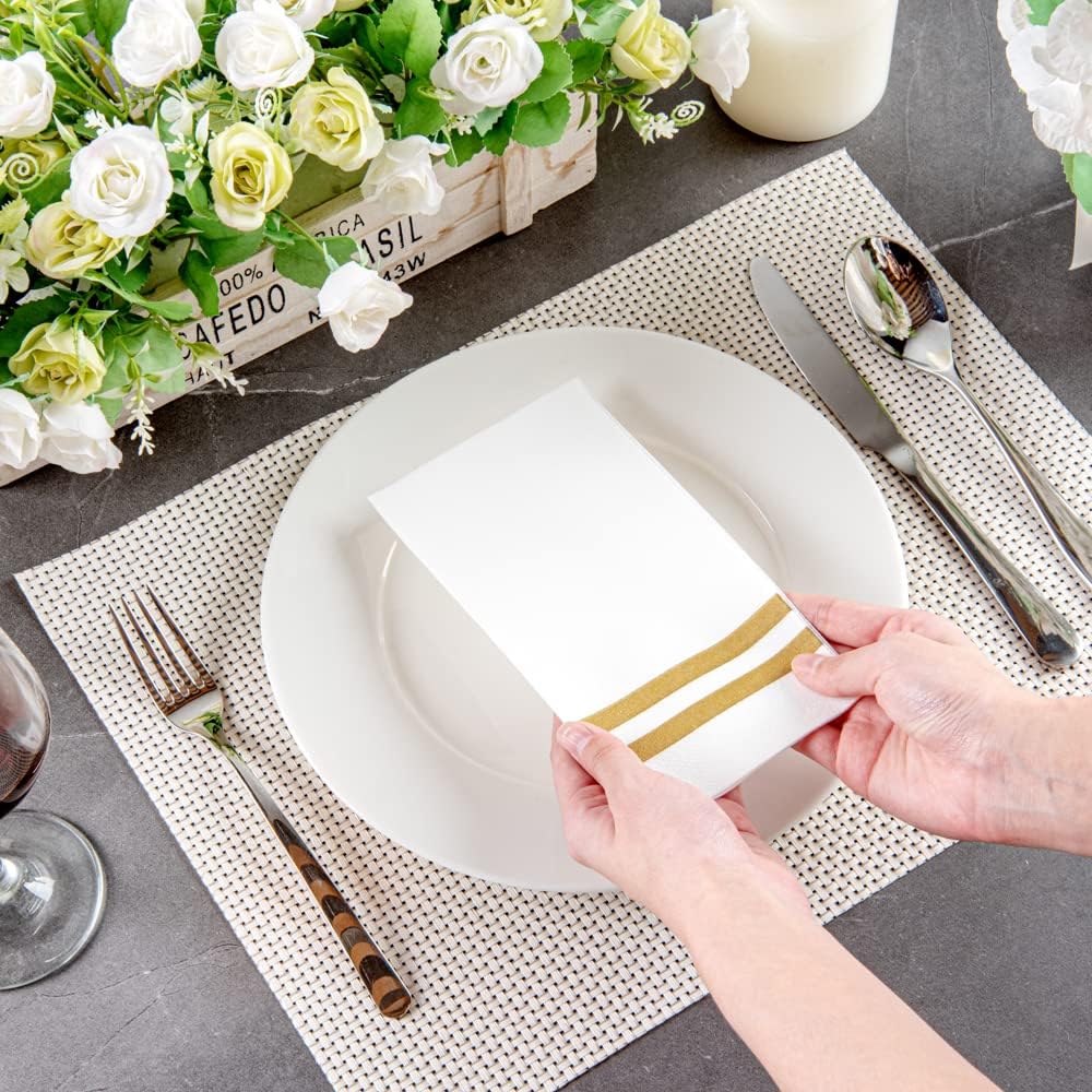 Luxenap 15.8 X 7.9 Inch Linen-Feel Guest Towels, 2000 Gold Striped Hand Towels - ¼ Fold, airlaid, White Paper Dinner Napkins, Disposable, For Restrooms, Kitchens, And Tables - Restaurantware