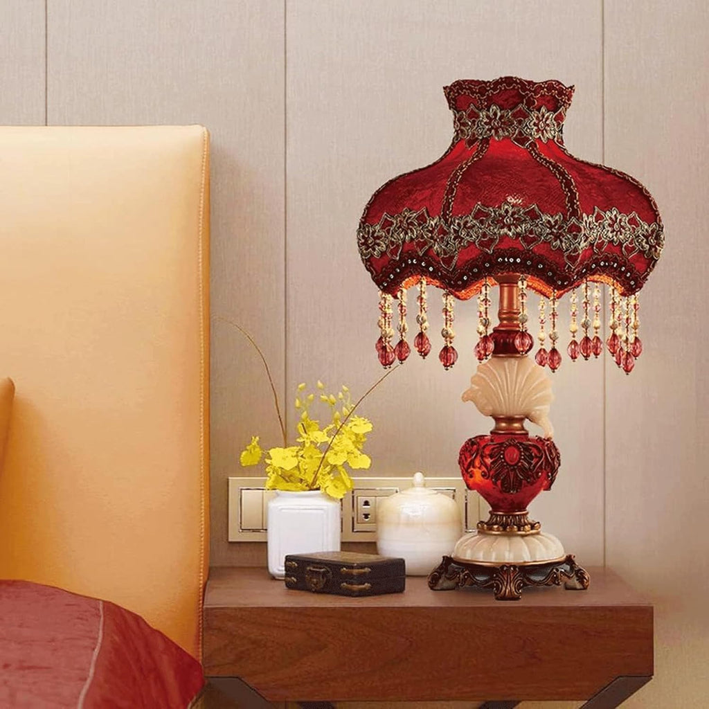 Red Victorian Table Lamp Embroidery Fabric Shade European Style Bedside Lamp W/Beaded Fringe Lace Elegant Princess Desk Lamp Vintage Antique Night Light for Bedroom Living Room Farmhouse