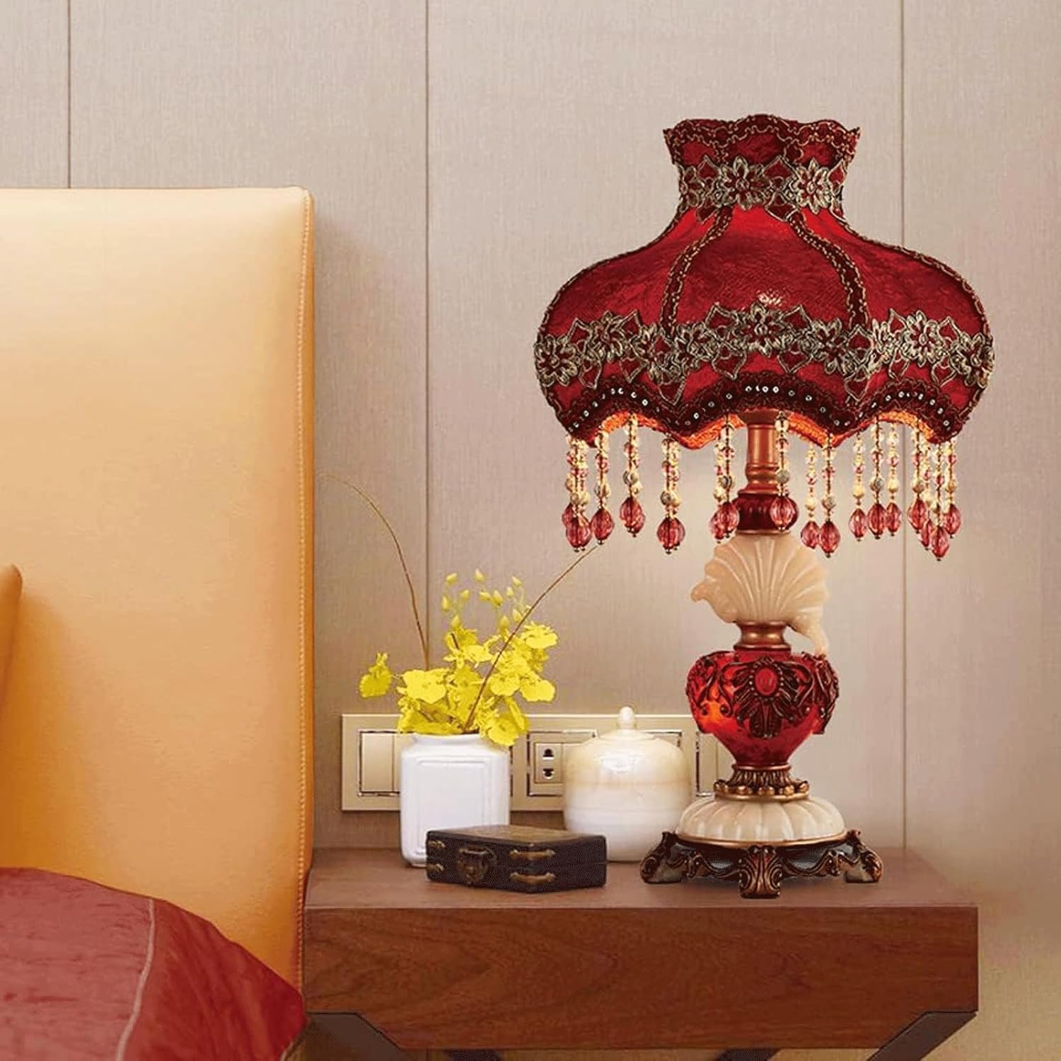 Red Victorian Table Lamp Embroidery Fabric Shade European Style Bedside Lamp W/Beaded Fringe Lace Elegant Princess Desk Lamp Vintage Antique Night Light for Bedroom Living Room Farmhouse