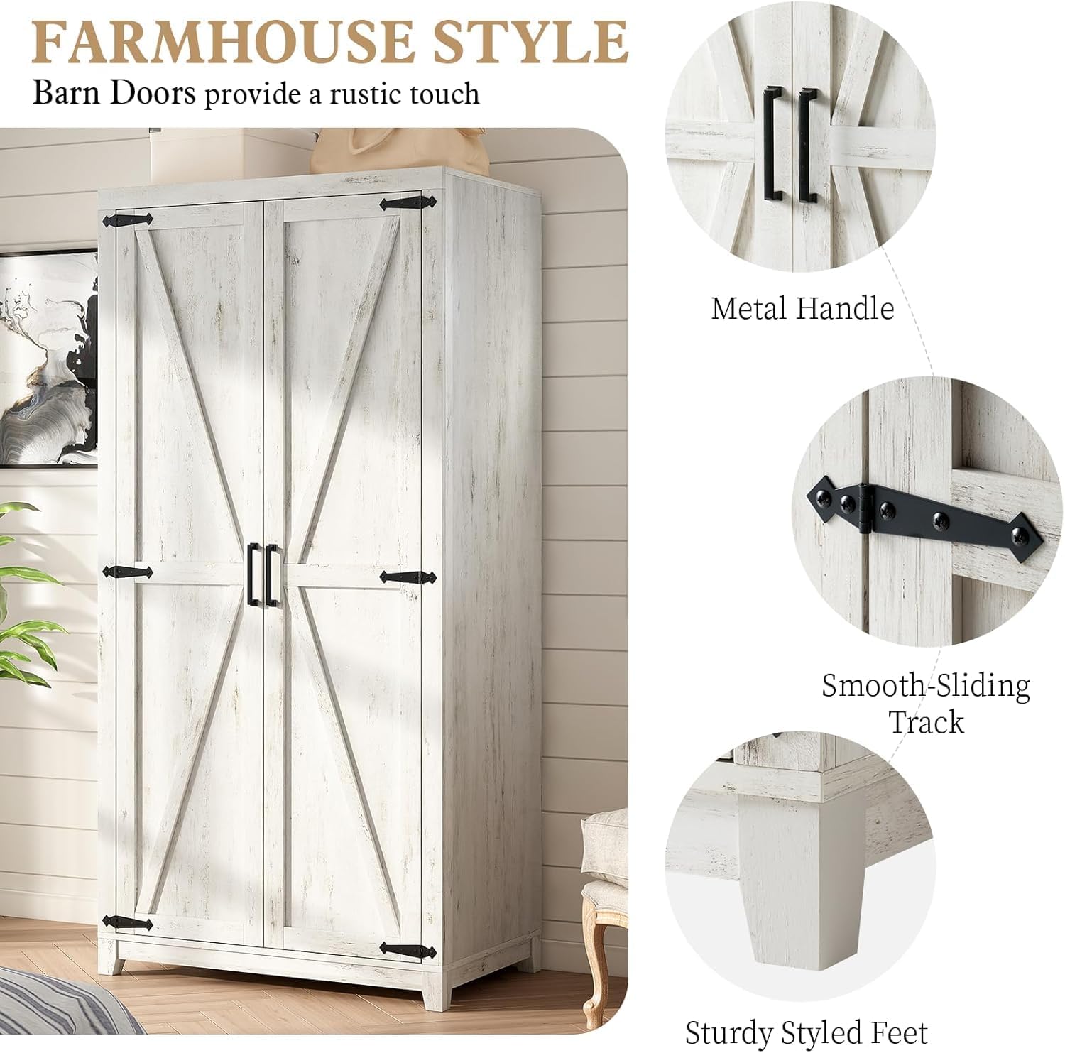 LUXOAK 70' Large Armoire Wardrobe Closet Set of 2 with Hanging Rod, Farmhouse Clothing Storage Cabinet with 2 Barn Doors, Wooden Tall Bedroom Armoires with Shelf, Distressed White
