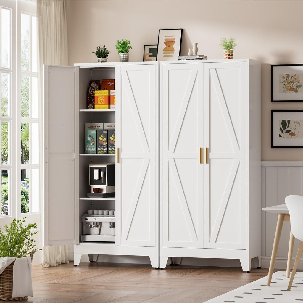 Metal Kitchen Pantry Cabinet, 61' White Farmhouse Storage Cabinet with 2 Vintage Barn Doors and 3 Adjustable Shelves, Rustic Freestanding Cupboard for Kitchen,Home Office Living Room,Dining Room