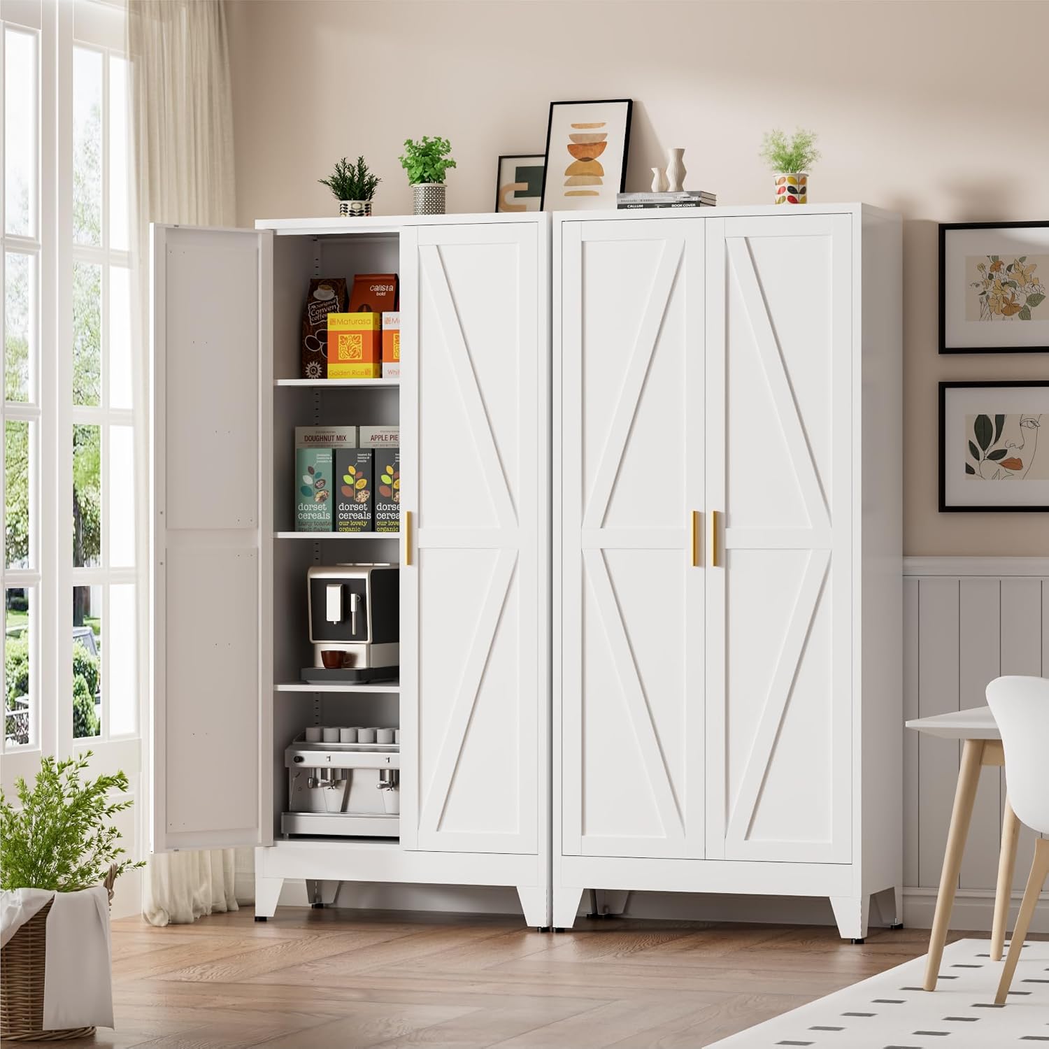 Metal Kitchen Pantry Cabinet, 61' White Farmhouse Storage Cabinet with 2 Vintage Barn Doors and 3 Adjustable Shelves, Rustic Freestanding Cupboard for Kitchen,Home Office Living Room,Dining Room