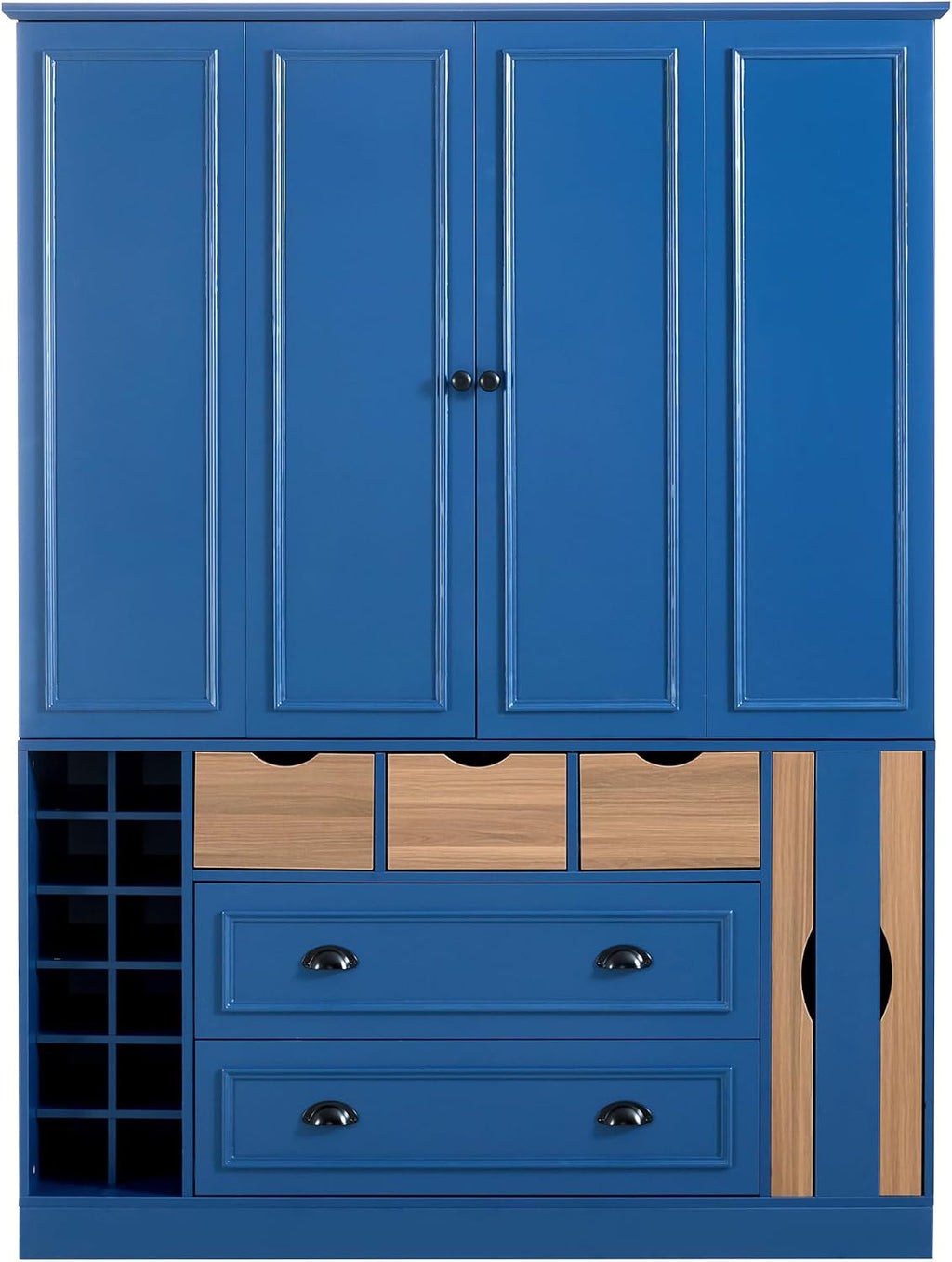 Farmhouse 71''H Large Kitchen Pantry, 53.2''Lx17.7''W Wood Dining Storage Cabinet Cupboard with 4 Foldable Doors, Power Outlet, Shelves, Wine Racks and Serving Trays (Blue-Fold D)