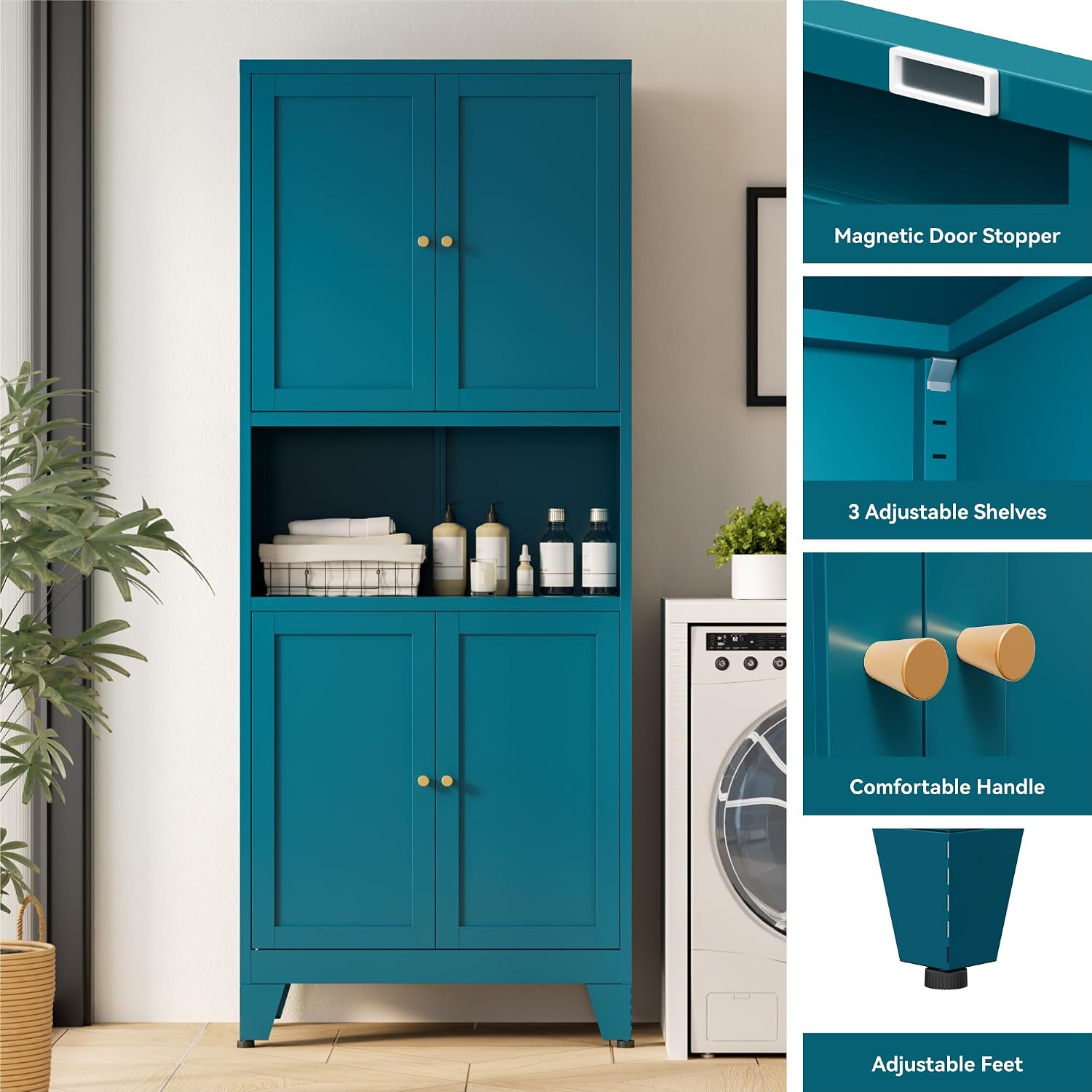 Bevivog Tall Pantry Cabinet with Microwave Shelf, 69' Metal Storage Cabinet with 4 Doors and Adjustable Shelves,Freestanding Metal Kitchen Hutch Cabinet, Blue Pantry Closet Storage Shelves with Doors