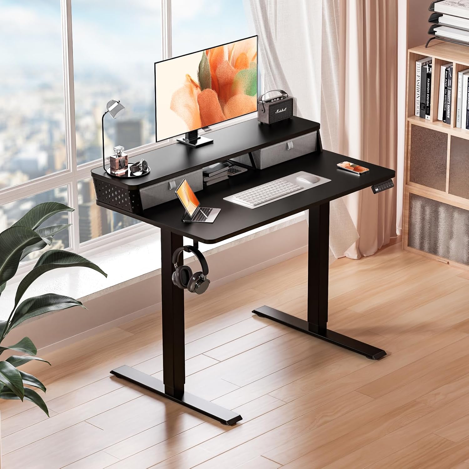 Kingant 35 x 20 Inch Small Electric Standing Desk with Dual Drawers, Height Adjustable Sit to Stand Computer Desk with Storage Shelf and C-Clamp Mount Compatibility for Home Office, Black