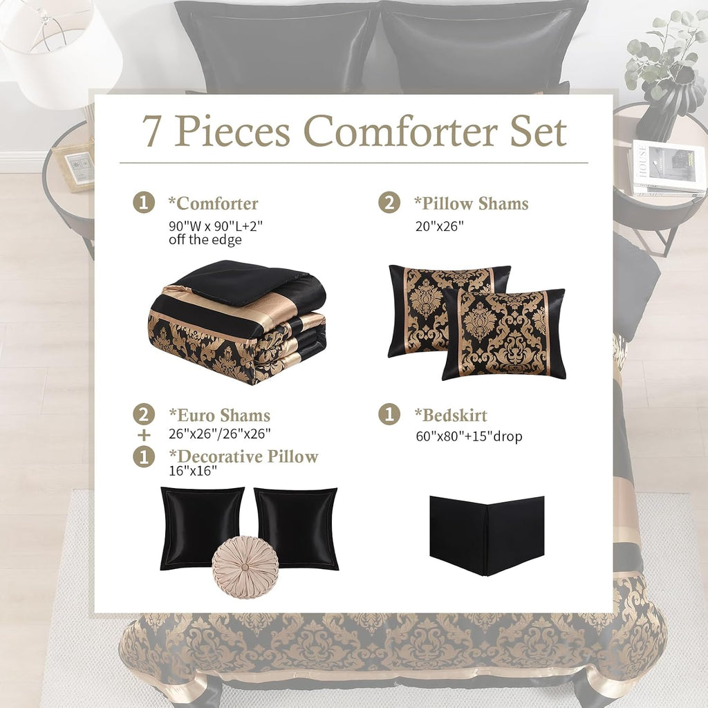 Finlonte Black Gold Comforter Set Queen Size - Luxury Jacquard Floral 7-Piece Silky Bed in a Bag, Vintage Patchwork All Season Down Alternative Bedding Set with Matching Pillows, Shams, Bed Skirt