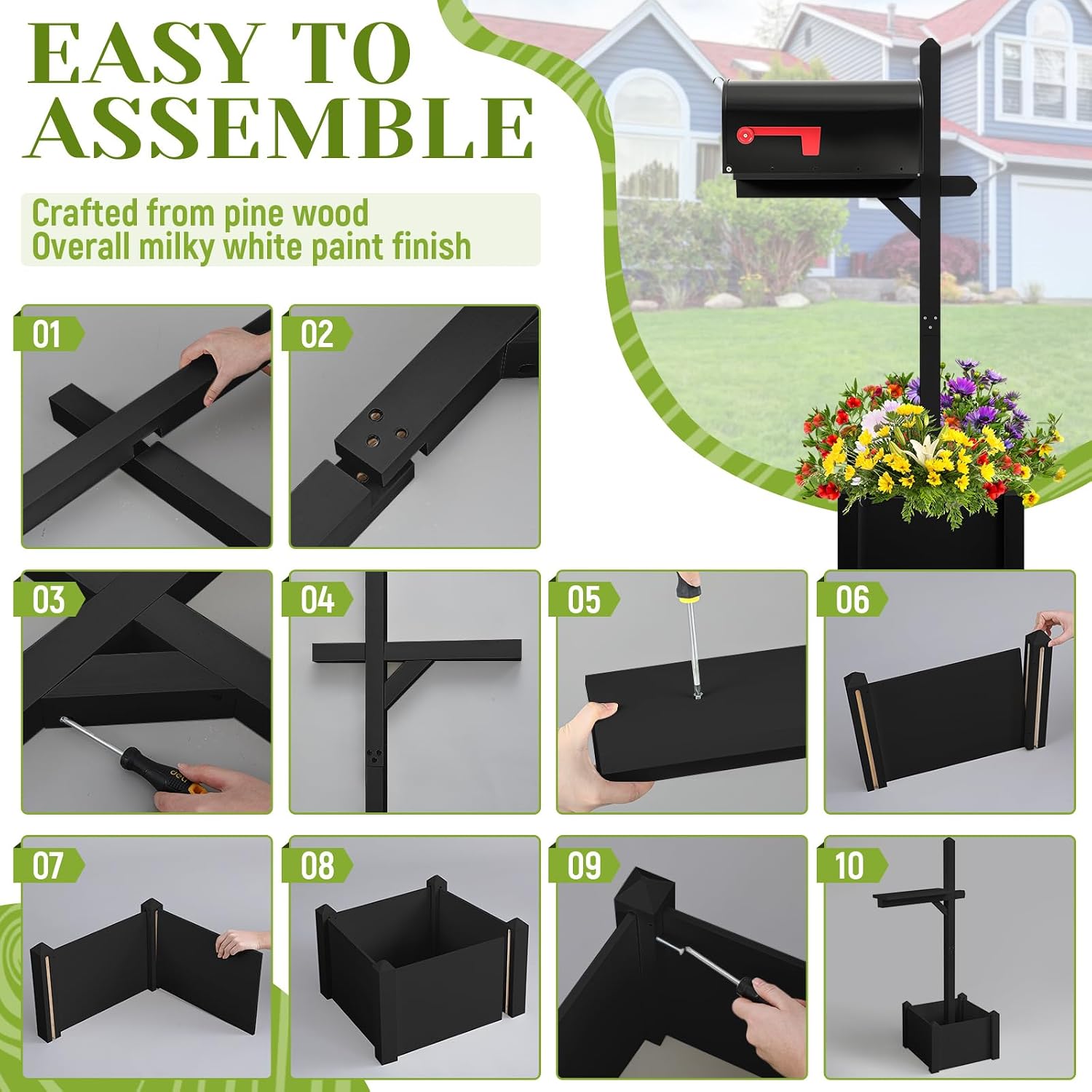 Colingmill 55 Inch/4.58 ft H Wooden Mailbox Post with Planter Box for Outside Decorative Post Flower Box(Not Included Mailbox)(Black)