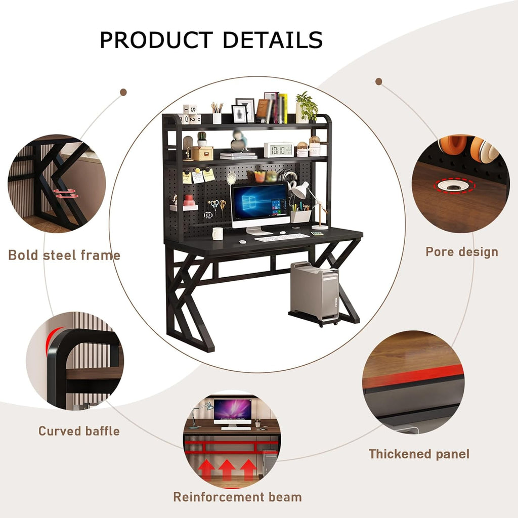 39.3in Gaming Desk with Bookshelf Combo, Computer Desk with Pegboard, Large Writing Table with Desktop Shelves, Ample Leg Room, for Home Office (Black, 39.3in)