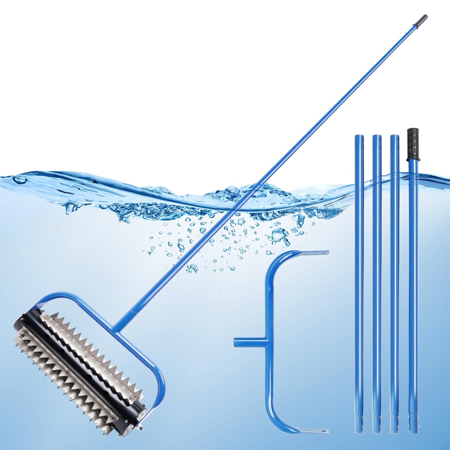 14ft Stainless Steel Lake Weed Roller, Beach Roller, Rid Weeds Roots and Muck Buildup, 4 Aluminum Handles, 6 Preassembled Stainless Steel Blades, Easy Assembly with Gloves Attached（3-Year Warranty）