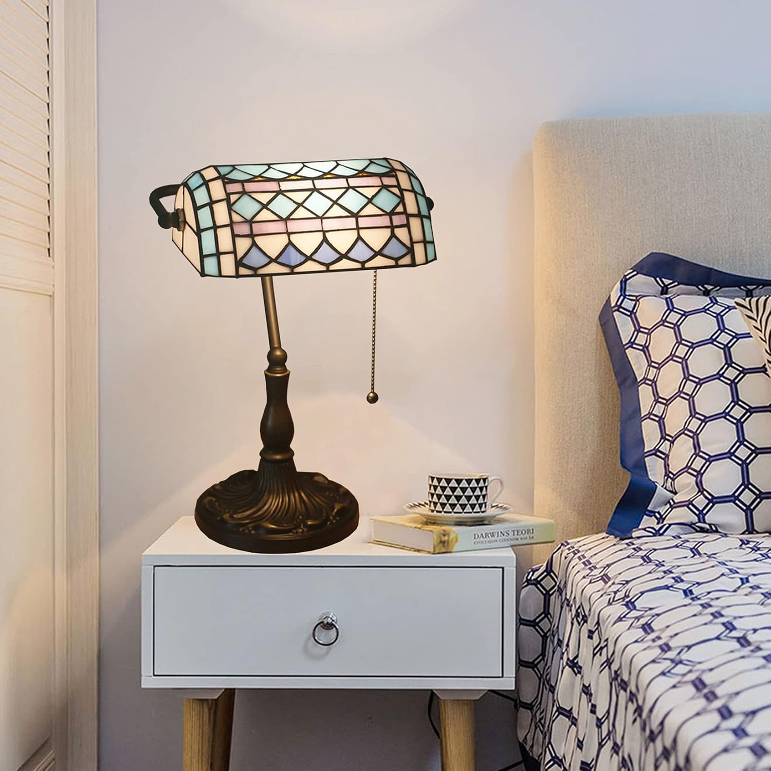 Tiffany Style Bankers Table Lamp Stained Glass Piano Desk Lamp Vintage Bedroom Bedside Lamp for Study,Antique Alloy Base,Zipper Switch,Blue Mediterranean