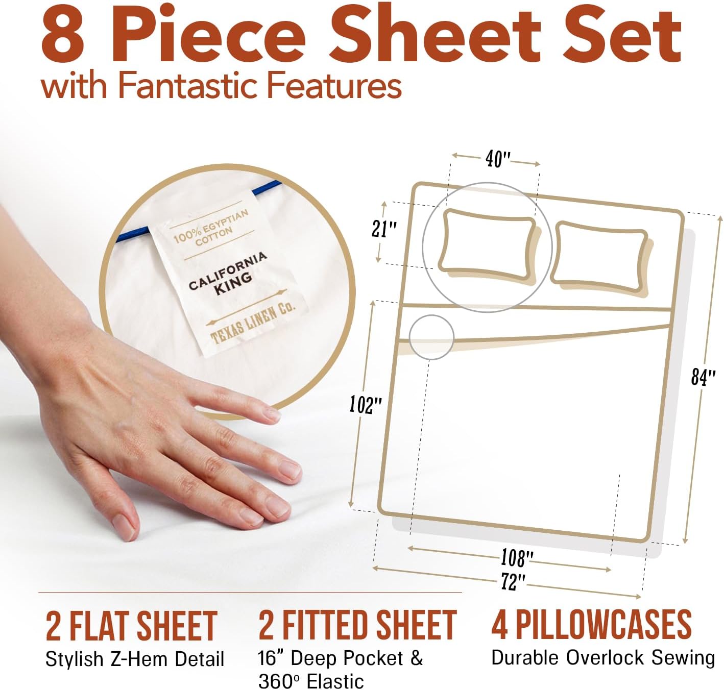TEXAS LINEN CO. 100% Egyptian Cotton California King Sheet Set Pack of 2 - Luxury Texan Talkin' Collection 600 Series Cotton Sheets Cal King Size (8 PC, White), Cooling, 16' Deep Pocket Bed Sheet