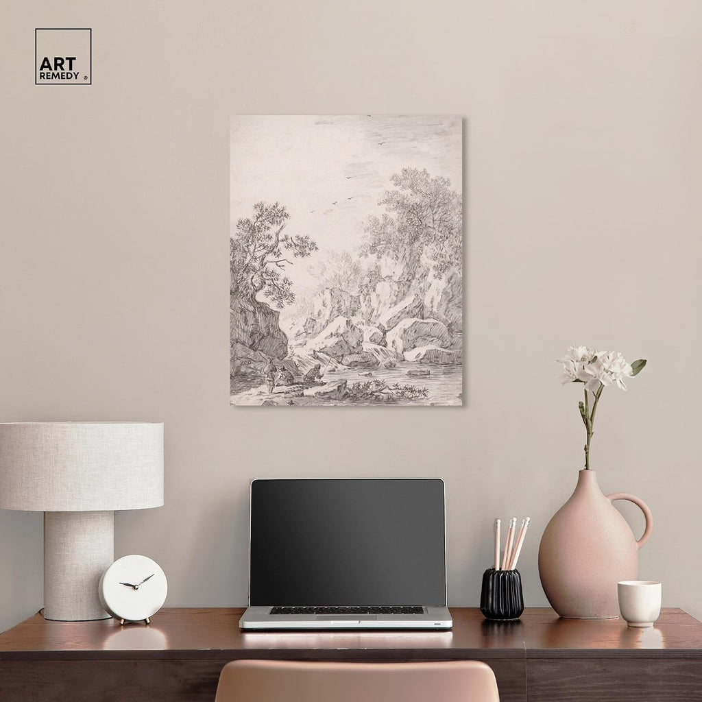 Art Remedy A Waterfall by Rock Cliffs 1750s Canvas Classic Sketches, Gallery Wrapped, 20' x 24'