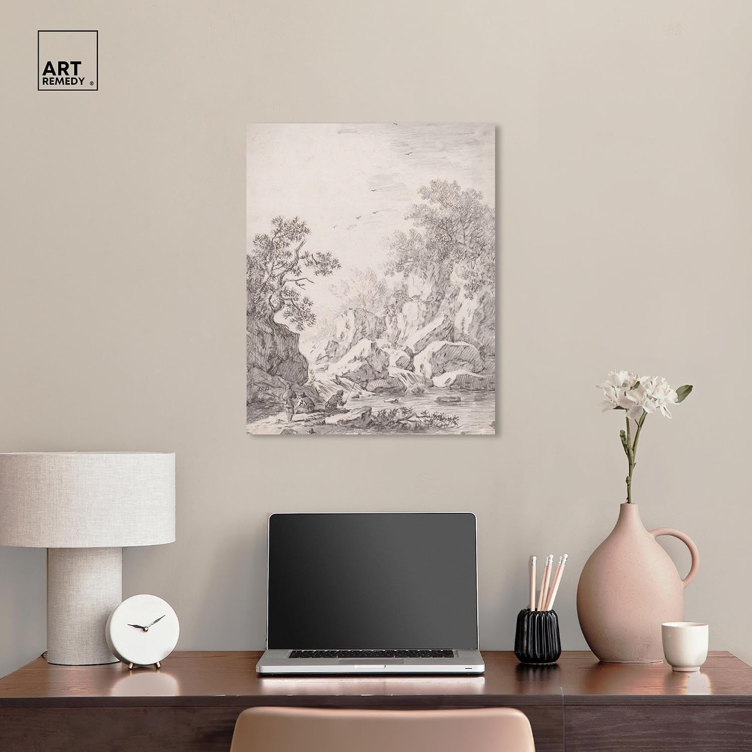 Art Remedy A Waterfall by Rock Cliffs 1750s Canvas Classic Sketches, Gallery Wrapped, 20' x 24'