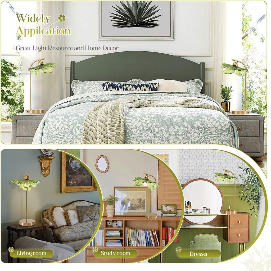 Mid Century Modern Table Lamps Set of 2, 18.9' Tall Gold Metal Base with Green Flower Glass Shade, Touch Control Nightstand Lamps for Bedroom Living Room Office