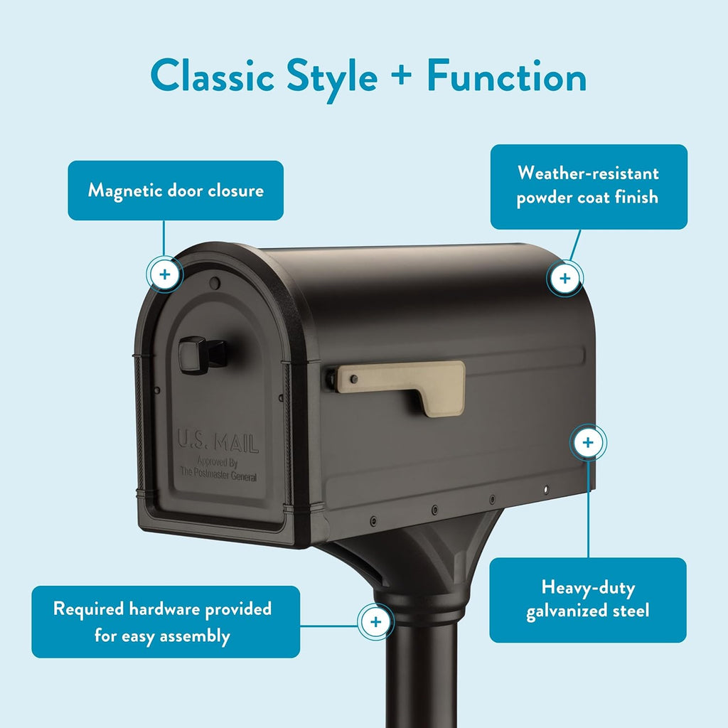 Architectural Mailboxes Roxbury™ Weather-Resistant Steel Metal Mailbox for outside with Post, Rubbed Bronze, Medium Curbside Mailbox with Magnetic Latch, USPS Approved for Residential Delivery