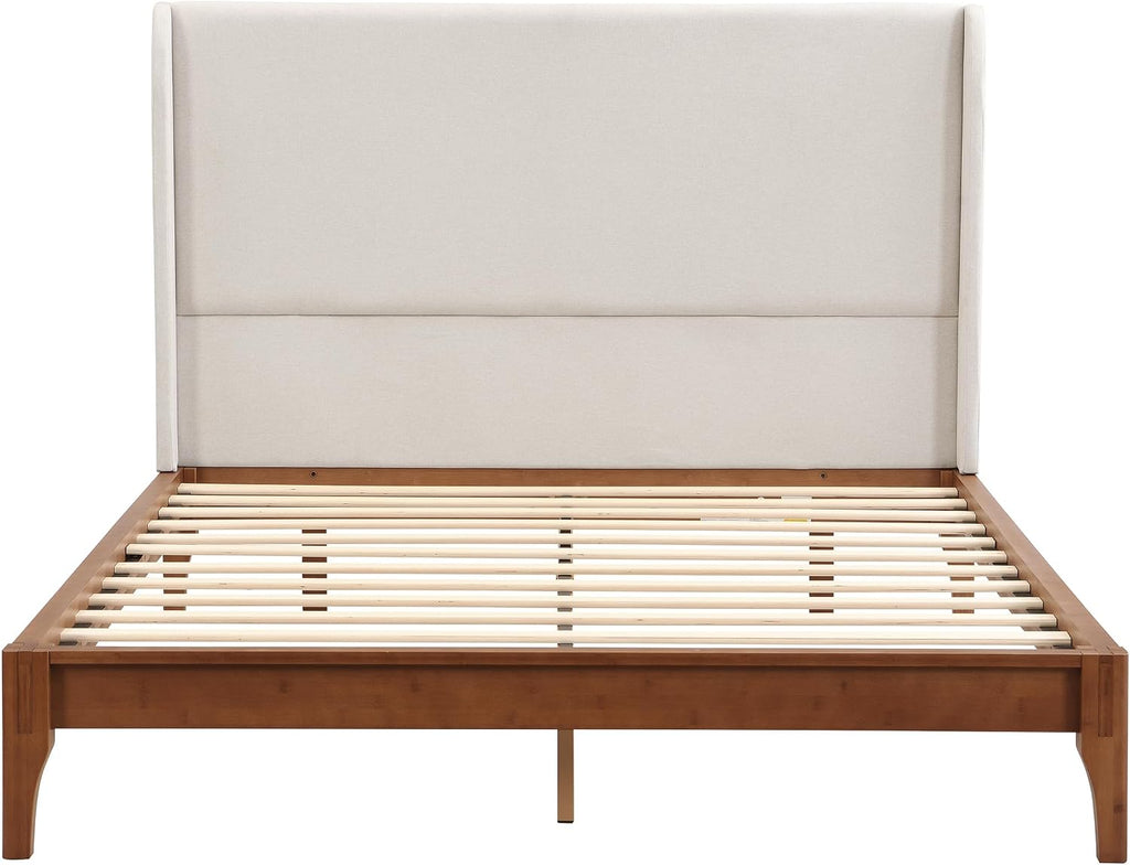 Merax Queen Size Bamboo Platform Bed, Mid-Century Bed Frame with Tall Upholstered Headboard, Wood Slat Support, No Box Spring Needed, Easy Tool-Free Assembly, Beige+Brown