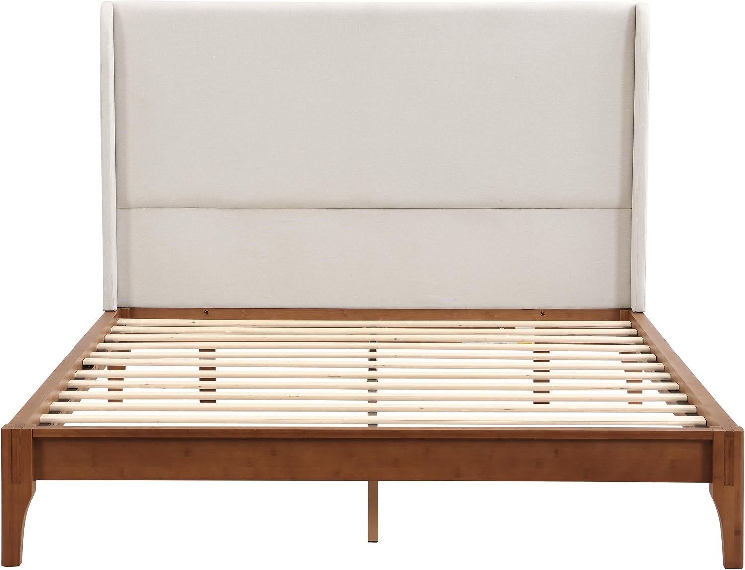Merax Queen Size Bamboo Platform Bed, Mid-Century Bed Frame with Tall Upholstered Headboard, Wood Slat Support, No Box Spring Needed, Easy Tool-Free Assembly, Beige+Brown