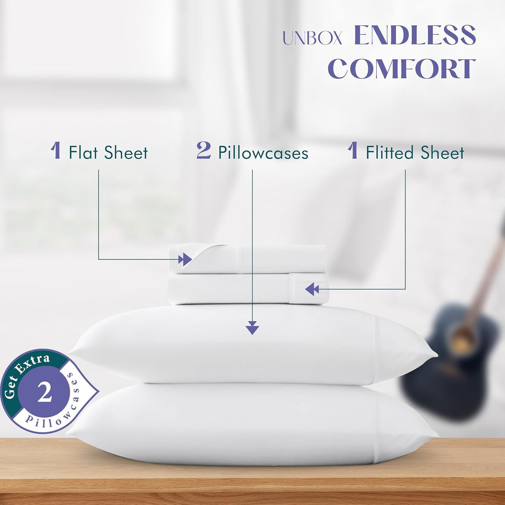 XOOX Linen 100% Egyptian Cotton Sheets Queen Size Bed Set - Luxury 1500 High Thread Count Egyptian Cotton Queen Sheet Set (4 PC, White), 17' Deep Pocket, Silky Soft, Cooling, Sateen Weave Bedding