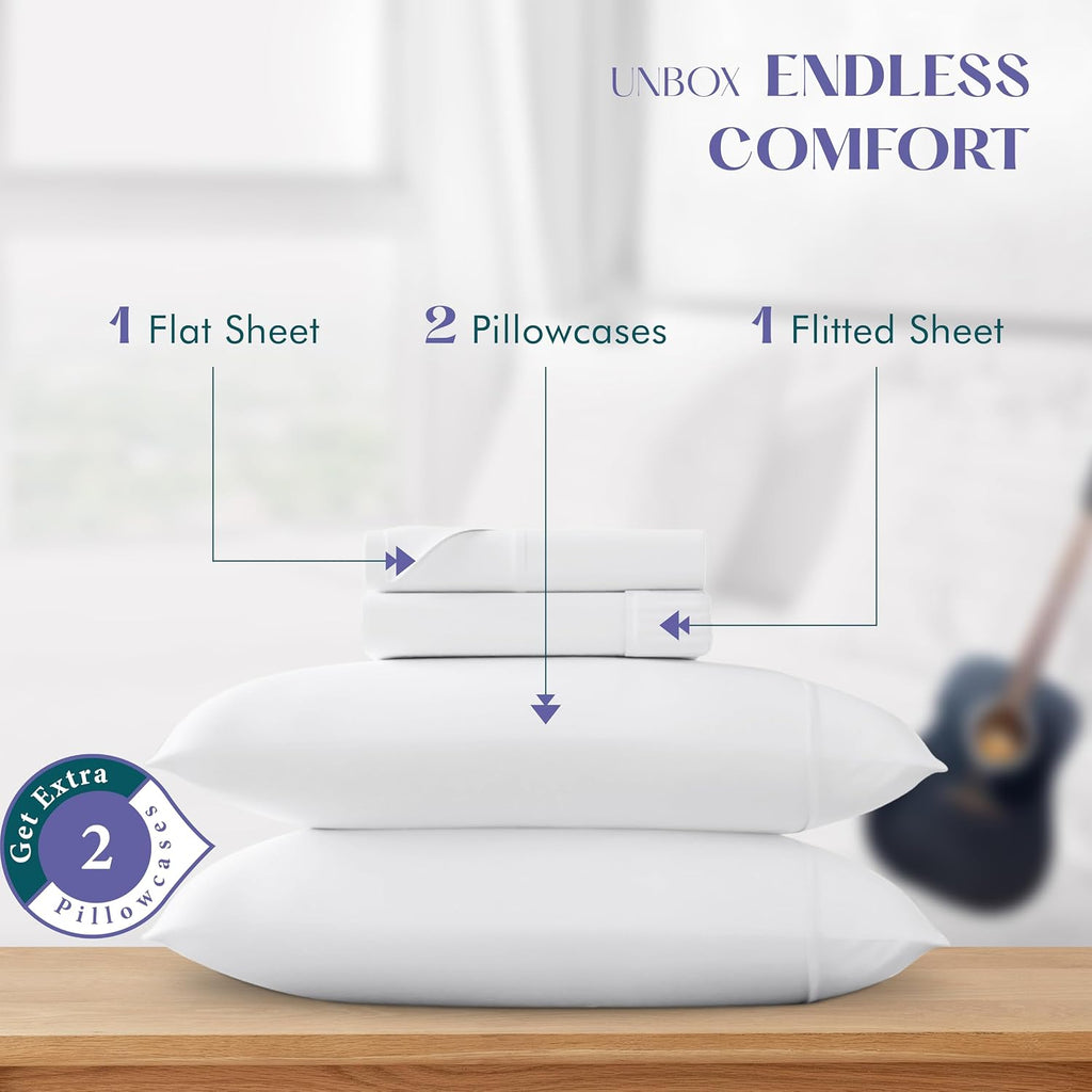 XOOX Linen 100% Egyptian Cotton Sheets California King Size Bed Set - 4 PC 1500 Luxury High Thread Count White Cal King Bed Sheets, Silky Soft, Cooling, Sateen, 17' Deep Pocket Bedsheet Set