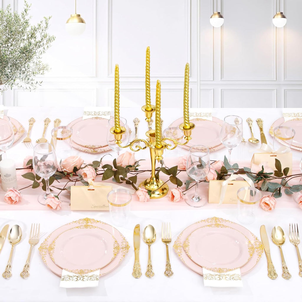 YOUBET 700PCS Pink Plastic Plates - Pink and Gold Plates - Luxury Pinks Dinnerware Set Include 200 Disposable Plates, 300 Heavy Duty Silverware, 100 Cups, 100 Napkins for Wedding Party