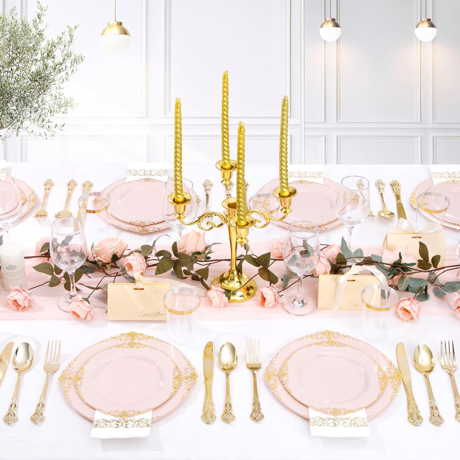 YOUBET 700PCS Pink Plastic Plates - Pink and Gold Plates - Luxury Pinks Dinnerware Set Include 200 Disposable Plates, 300 Heavy Duty Silverware, 100 Cups, 100 Napkins for Wedding Party