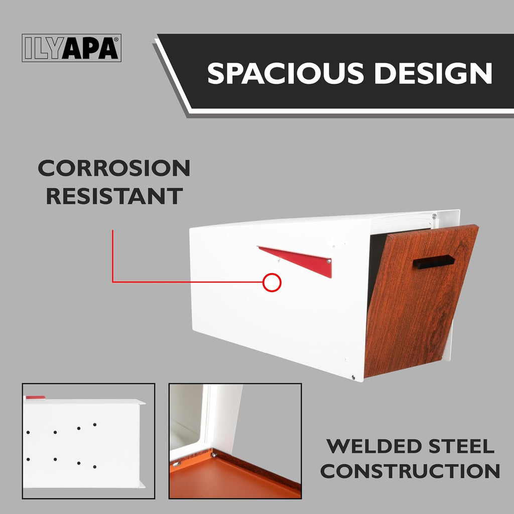 Ilyapa Modern Mailbox with Angle Design Post Mount - White Powder Coated Metal Mailbox with Wood Door - Waterproof for Parcels, Magnetic Close Door