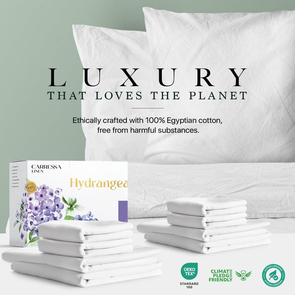Carressa Linen 100% Egyptian Cotton Queen Sheet Set - 600 Series Hydrangeas Collection Egyptian Cotton Queen Sheets Set (8 PC, Crisp White), 16' Deep Pocket Sateen Weave Luxury Hotel Bed Sheet