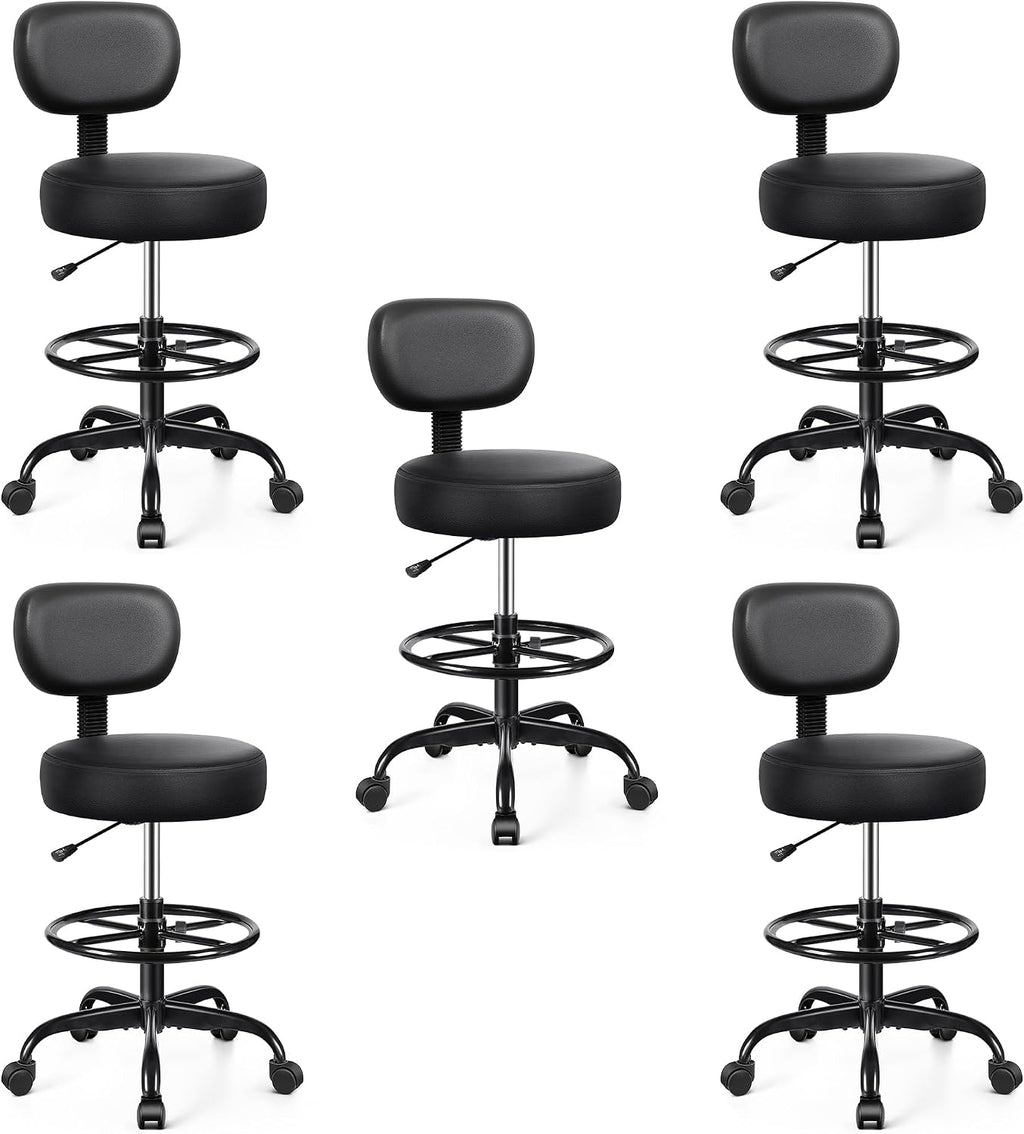 Brick Attic Drafting Chair with Backrest – Adjustable Foot Rest Rolling Stool with Wheels, PU Leather Swivel Stool for Office Spa Studio Lab Counter Salon Home Work Bar Kitchen Shop(Black), Pack of 5
