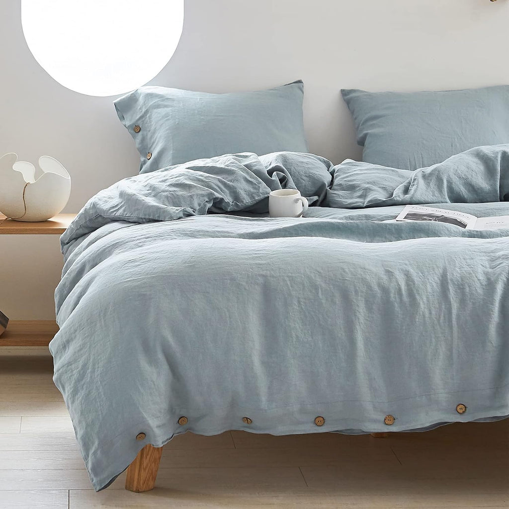 Simple&Opulence 100% Linen Duvet Cover Set 3pcs with Coconut Button Closure Natural French Washed Flax Solid Color Soft Breathable Farmhouse Bedding - Dusty Blue, Queen Size