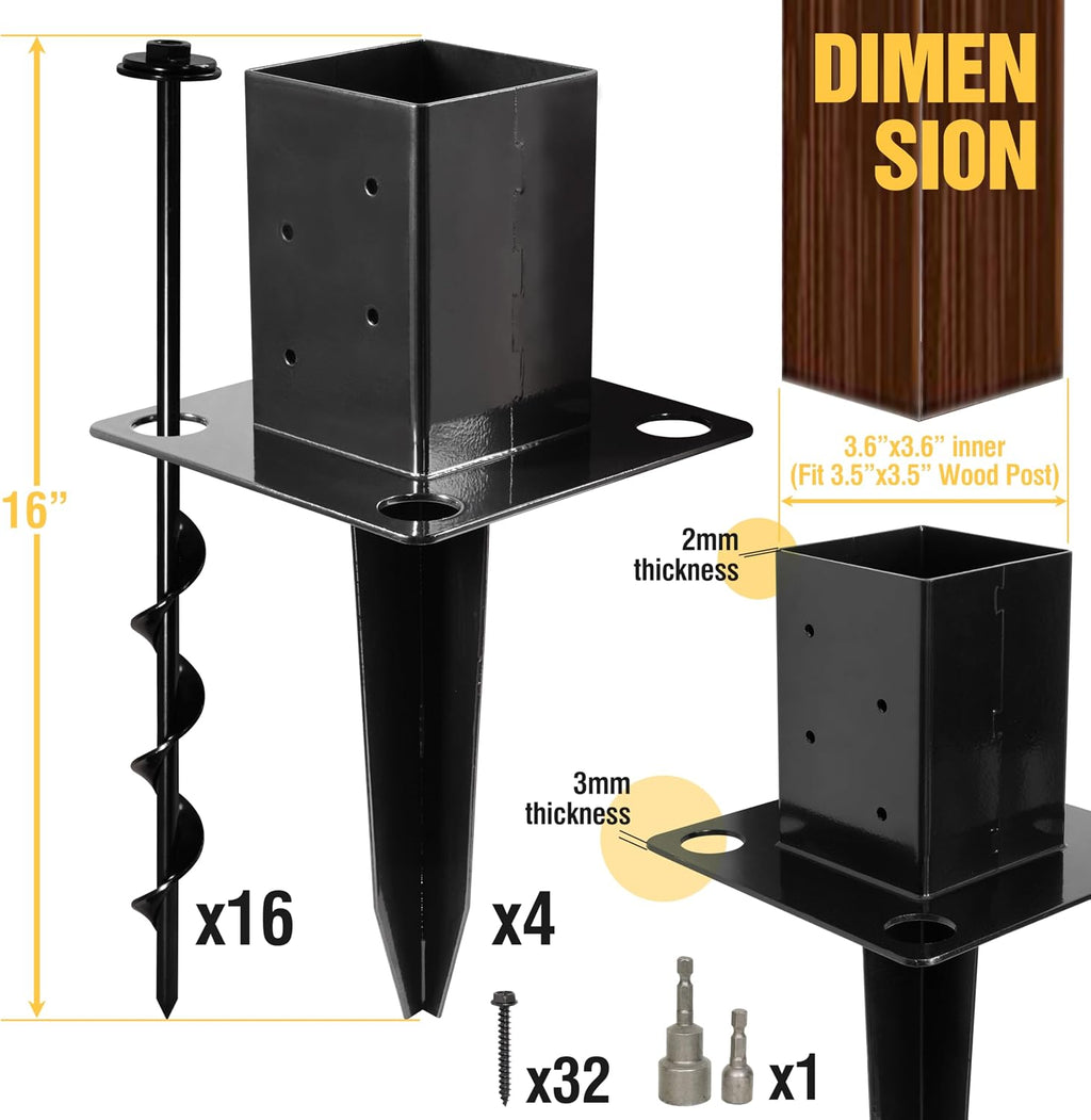 LADECH 16″ No-Dig 4×4 Ground Spike Post Anchors – Powder-Coated Steel, Includes 4 Corner Screws – Heavy-Duty Ground Anchors for Fence, Mailbox & Deck Posts (4 PCS - Black)