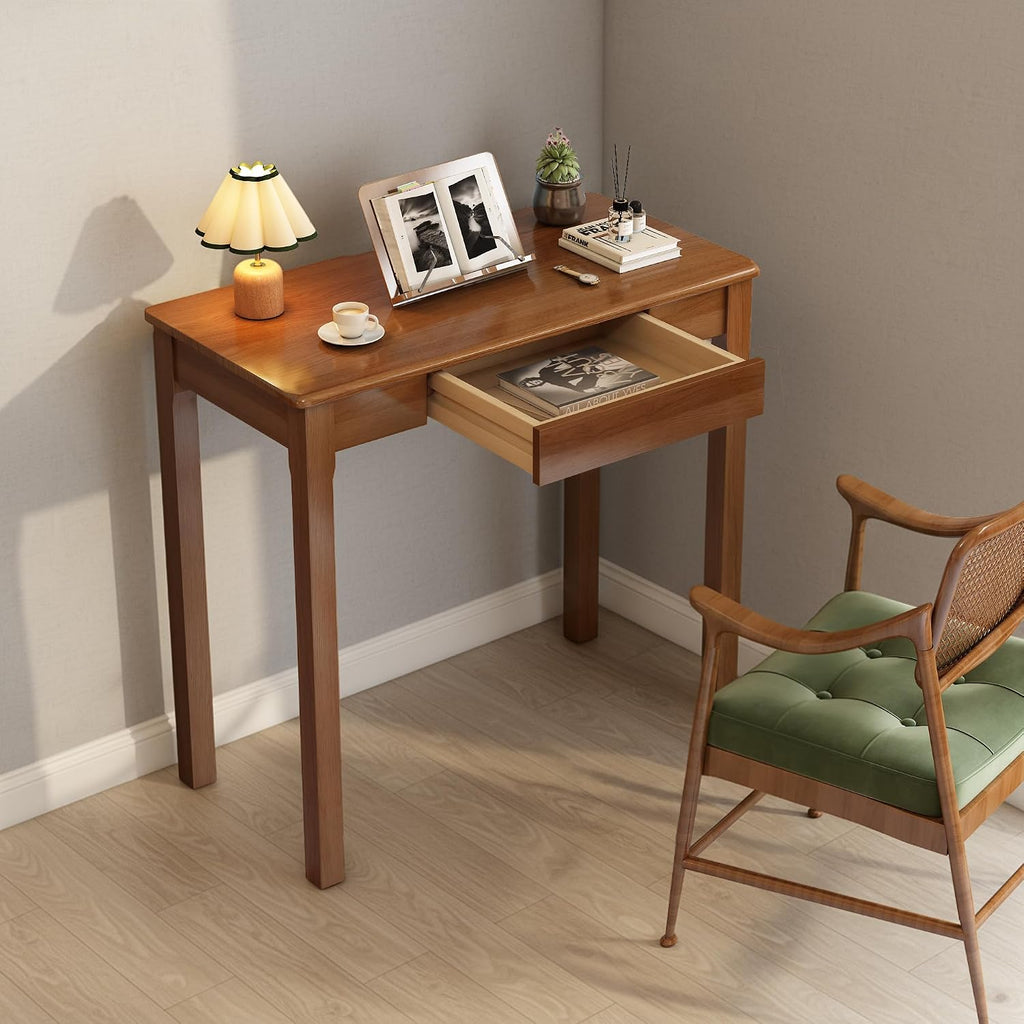 Solid Wood Desk with Drawers - 31.5' Narrow Desks for Small Spaces, Mid Century Modern Desks, Small Wooden Vintage Computer Writing Desk, Study Table for Home Office Bedroom, Walnut
