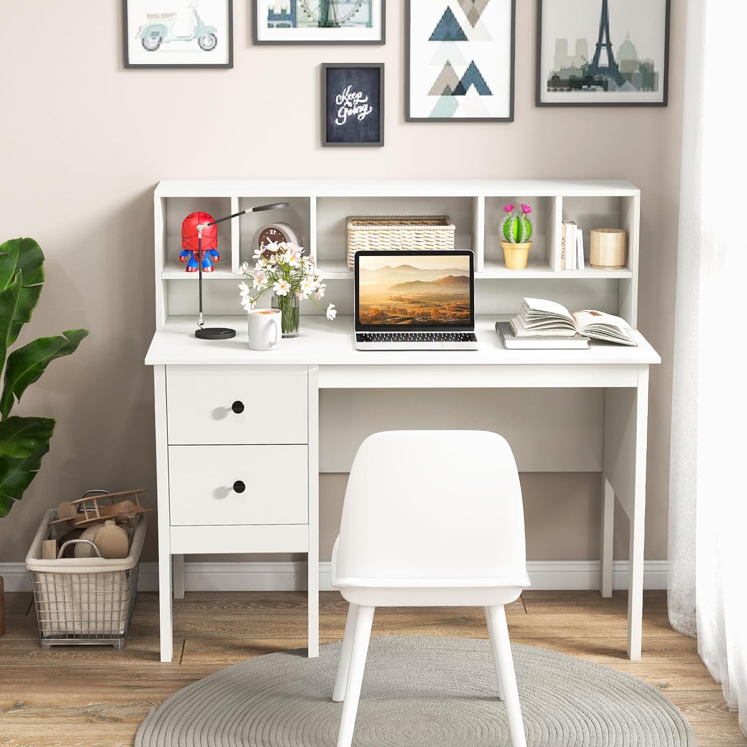 Tangkula White Desk with Drawers & Hutch, Modern Home Office Desk Writing Study Desk with Charging Station, Laptop Desk with 5 Storage Compartments, Computer Workstation Makeup Vanity Desk
