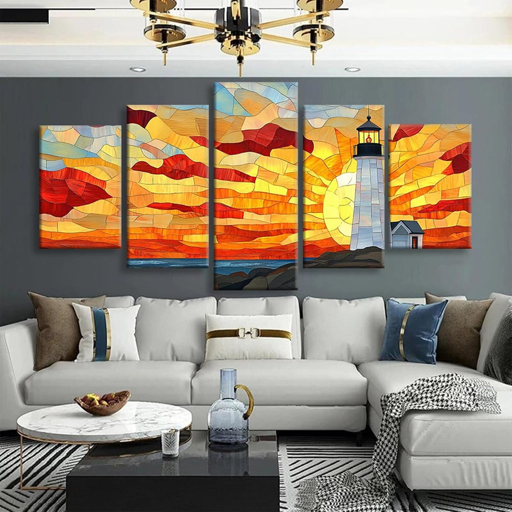 Lighthouse Diamond Art 5 Piece Diamond Painting Landscape 5D Full Square Drill Dimond Art Paintings Crystal Crafts for Adults Gem Painting for Home Decor, Large Artwork for Wall 44 x 90 Inch, Model144