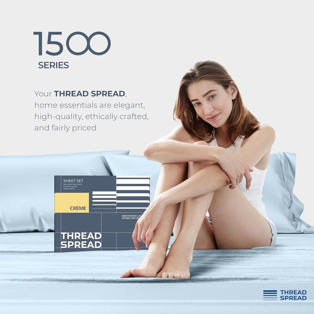 THREAD SPREAD 100% Egyptian Cotton King Size Sheets Set - Luxury 1500 Series Egyptian Cotton Sheets King Size (4 PC, Light Blue), Silky Soft, Sateen, Cooling & Breathable, 17' Deep Pocket Bed Set