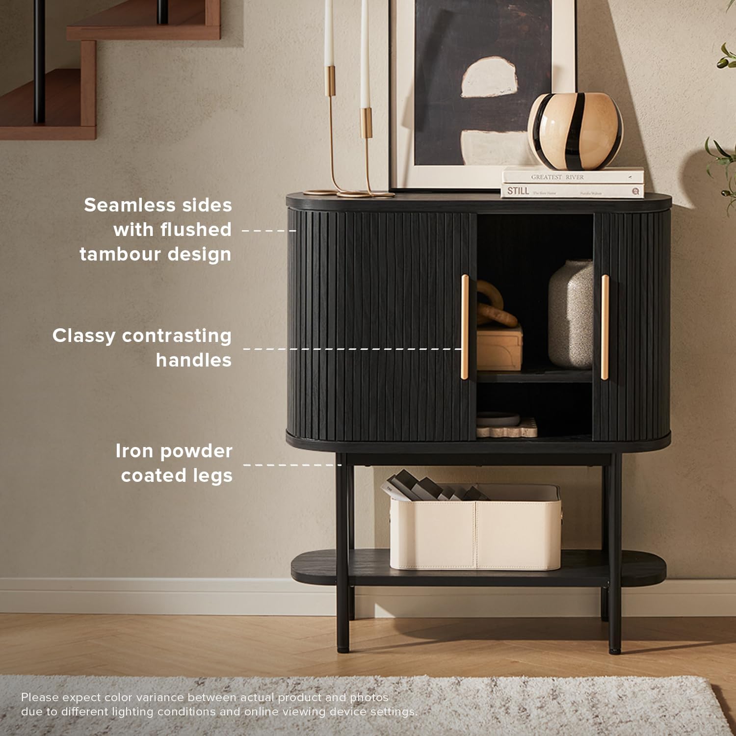 mopio Quin Storage Cabinet, Tambour Fluted Entryway Accent Sofa Tables, Buffet Sideboard with Doors & Shelves, Pantry Coffee Wine Bar Cabinet, Wood Console Table, Mid Century Modern (Black)