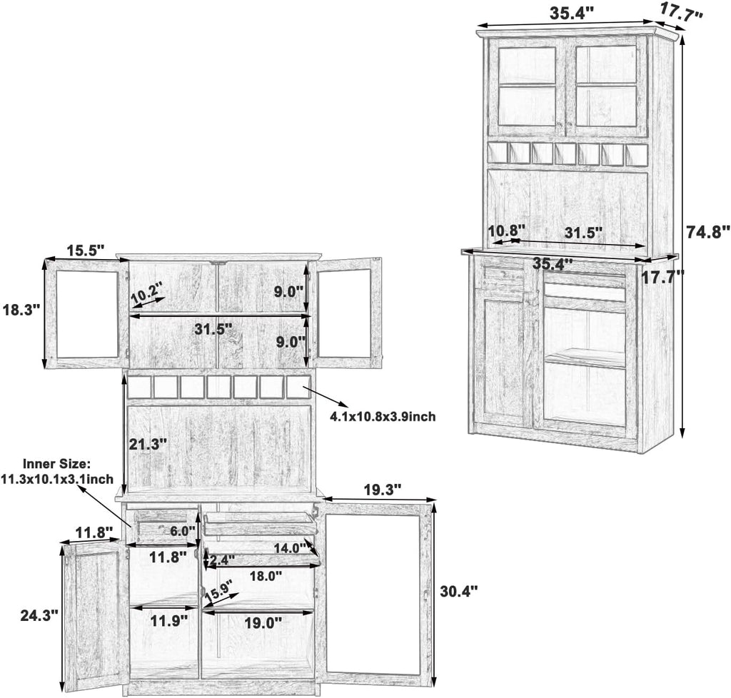 Modern 74.8 inch Tall Kitchen Pantry, Freestanding Buffet with Hutch, Kitchen Pantry Storage Cabinet with Wine Rack and Adjustable Shelves for Dining Room (Blue//1)