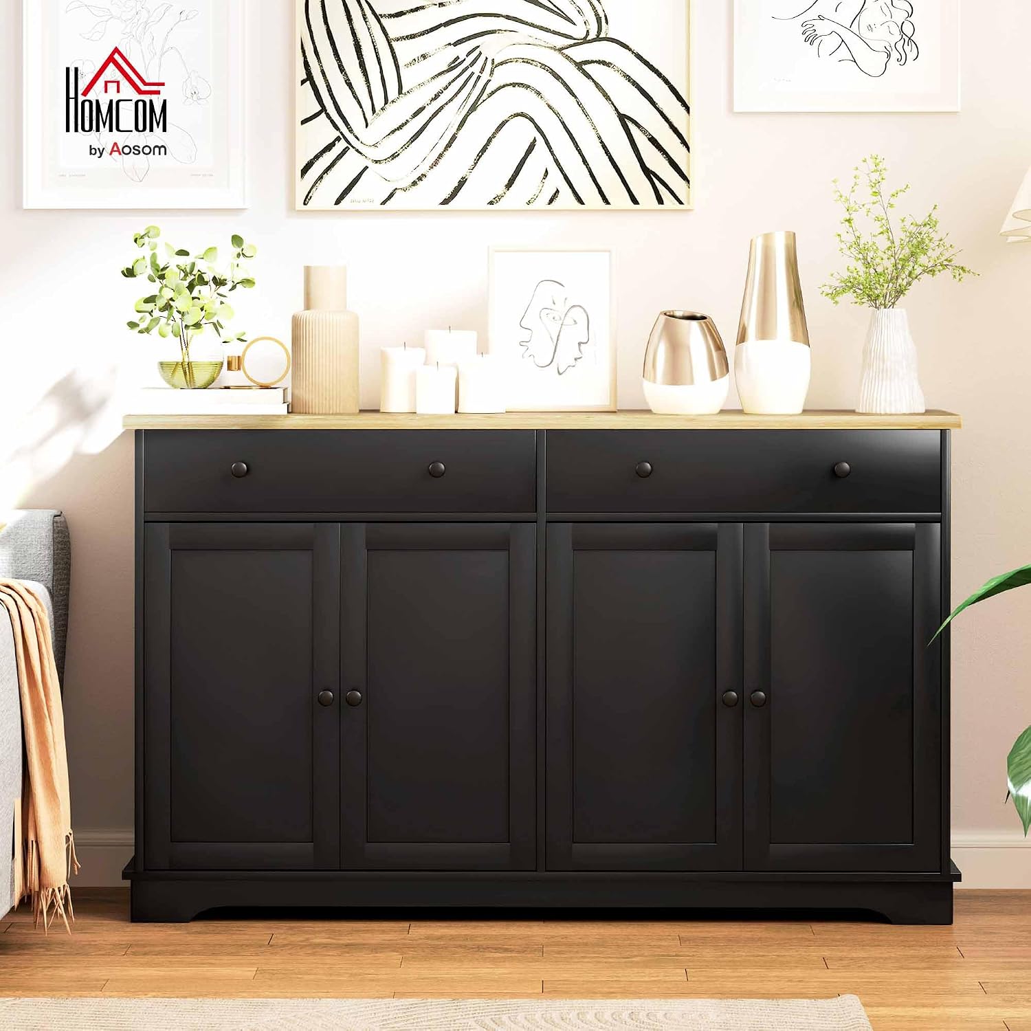 HOMCOM Sideboard Buffet Cabinet with Storage, 55' Modern Kitchen Cabinet with 4 Doors, 2 Drawers and 2 Adjustable Shelves, Coffee Bar Cabinet, Black