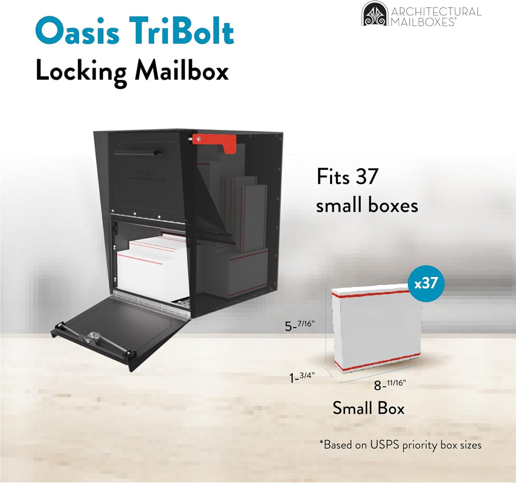 Architectural Mailboxes Oasis® TriBolt™ Secure, Anti-Pry Locking USPS Approved Heavy duty, Steel Metal Post Mount Mail Box for outside, Black Extra Large Curbside Mailbox with Magnet & Waterproof Door