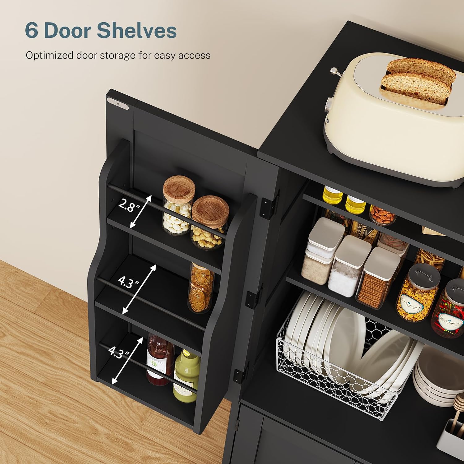 TEENFON Storage Cabinet with 4 Doors, Kitchen Cabinet with 6 Door Shelves, Kitchen Pantry for Living Room, Dining Room, Bathroom, Black