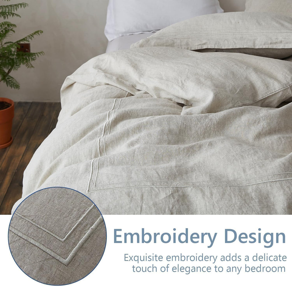 Simple&Opulence 100% Washed Linen Duvet Cover Set 68'x86' - 2 Pieces Soft Farmhouse Comforter Set Double Embroidered with Button Closure - 1 Duvet Cover and 1 Pillowsham (Linen, Twin)