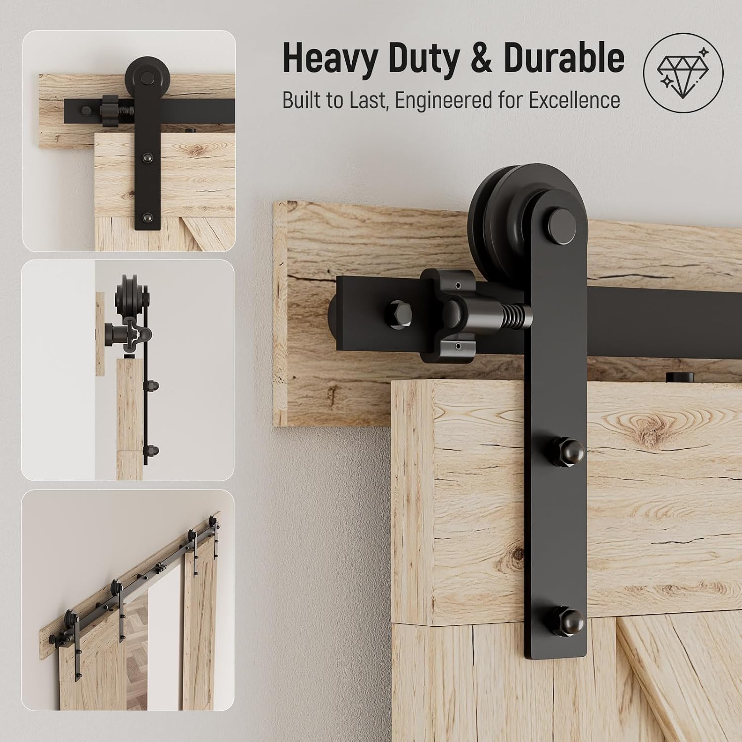 CCJH 4FT Sliding Barn Door Hardware Kit, Heavy Duty, Smoothly and Silently, Easy to Install, Fit 12' Width Double Door Panel, I Shaped Hangers Black