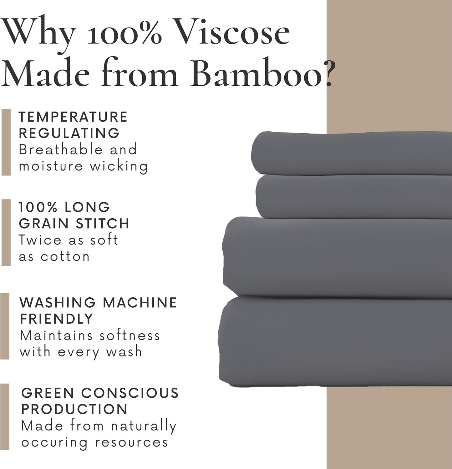 Bamboo Bay 4 Piece Queen Size Sheet Set, 100% Viscose Made from Bamboo, Breathable, Ultra Soft Cooling Bed Sheets for Hot Sleepers, Beddings with Deep Pockets Fit 16' Mattress, Dark Grey