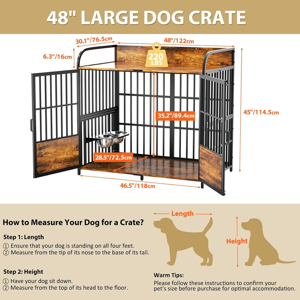 BEURUKU XL Dog Crate Furniture, Large Dog Kennel Indoor with 2 Adjustable Bowls, Heavy Duty Dog Crate for Large Dogs 48 Inch, Wooden Dog Cage Brown, 48' L X 30' W X 45' H